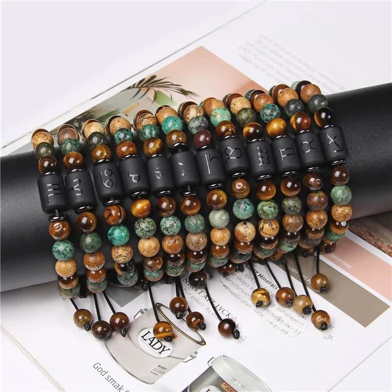 Bracelet Constellation 12 signes du zodiaque, image naturelle, Turquois, œil de tigre, pierre tissée, bijoux pour femmes et hommes, cadeau de Couple