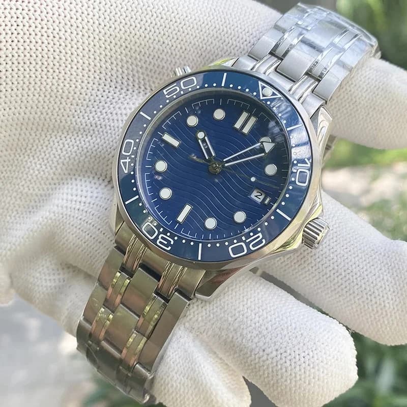 Montre automatique pour hommes, cadran bleu en céramique, lunette en acier inoxydable, haute qualité, 41mm, vis à couronne, Date