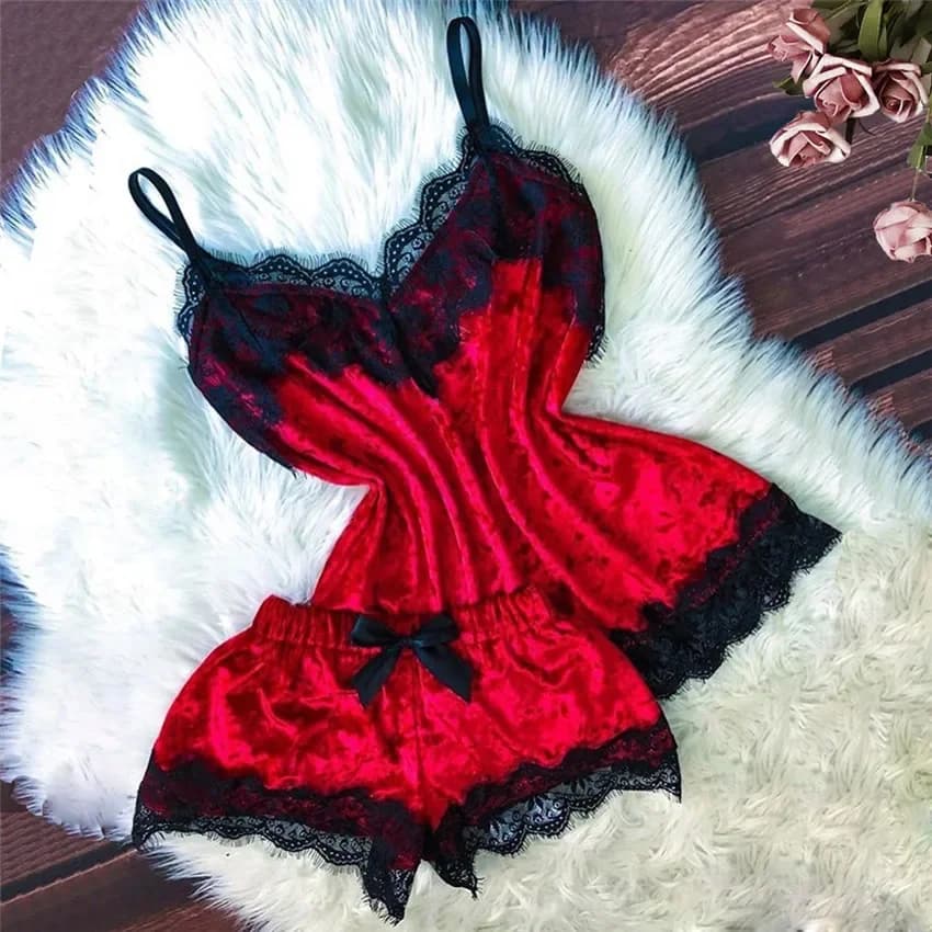 Pyjama d'été en velours pour femmes, vêtements de nuit avec nœud, sans manches, bretelles, garniture en dentelle, haut caraco, ensembles de Lingerie Sexy