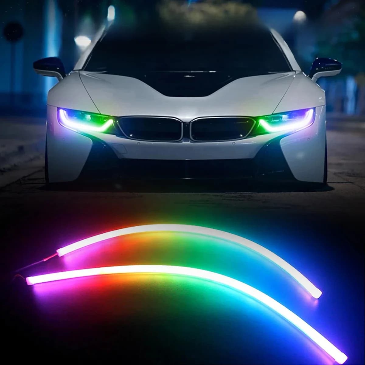 2 pièces 30/60/75CM rgb drl bande LED feux de course de voiture clignotants coulants feux de jour antibrouillard bande lumineuse décorative
