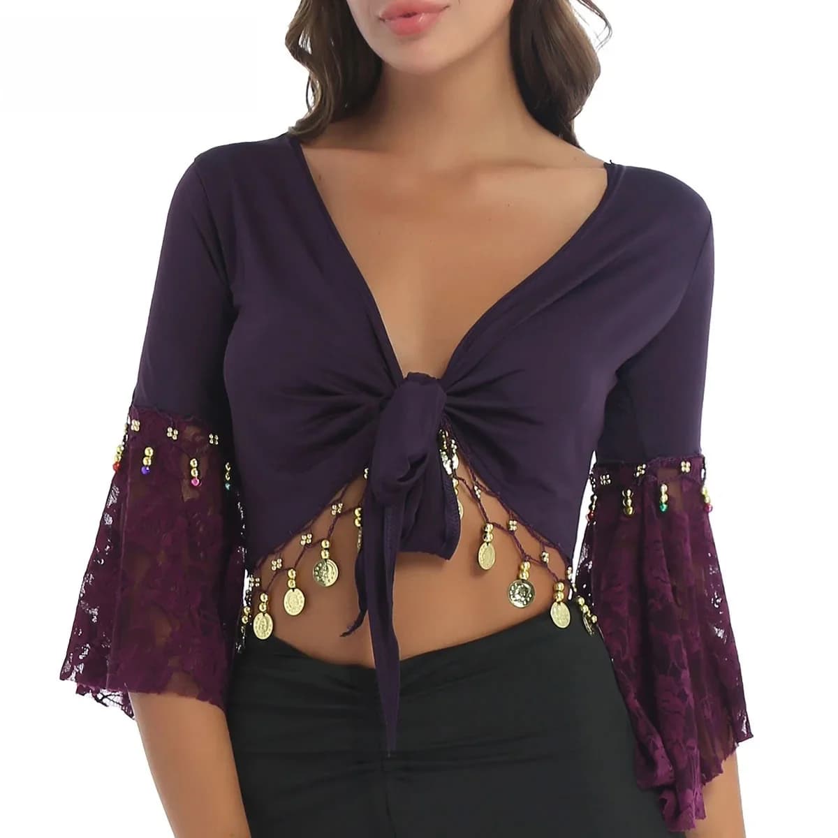 Costume de brevdu Ventre avec Glands et Perles pour Femme, Dentelle Brillante, Patchwork, Châle, Cardigan, Pièce d'Or, Y-Up