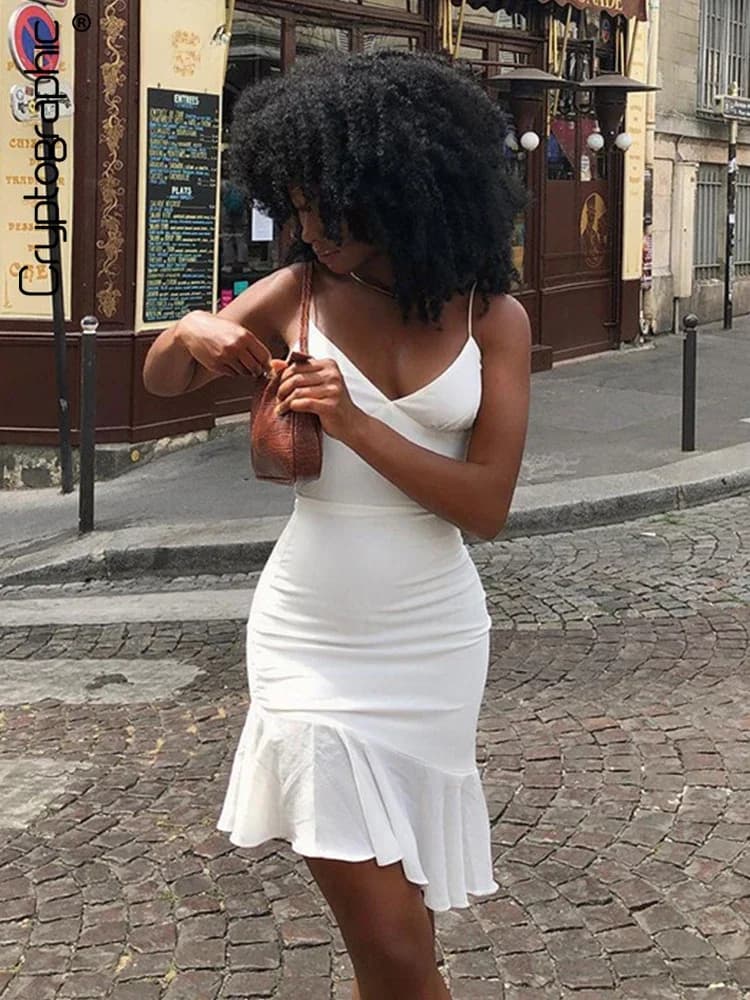 Cryptographic-Mini Robe à Volants et Bretelles Spaghetti pour Femme, Tenue Élégante de Soirée, de Club, de Vacances, d'Été