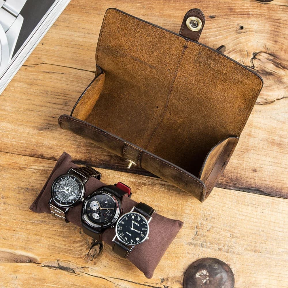 Boîte à 3 fentes pour montre, fait à la main, rouleau de montre, étui de voyage, pochette pour montre-bracelet, 100% cuir de vache, organisateur coulissant, cadeaux