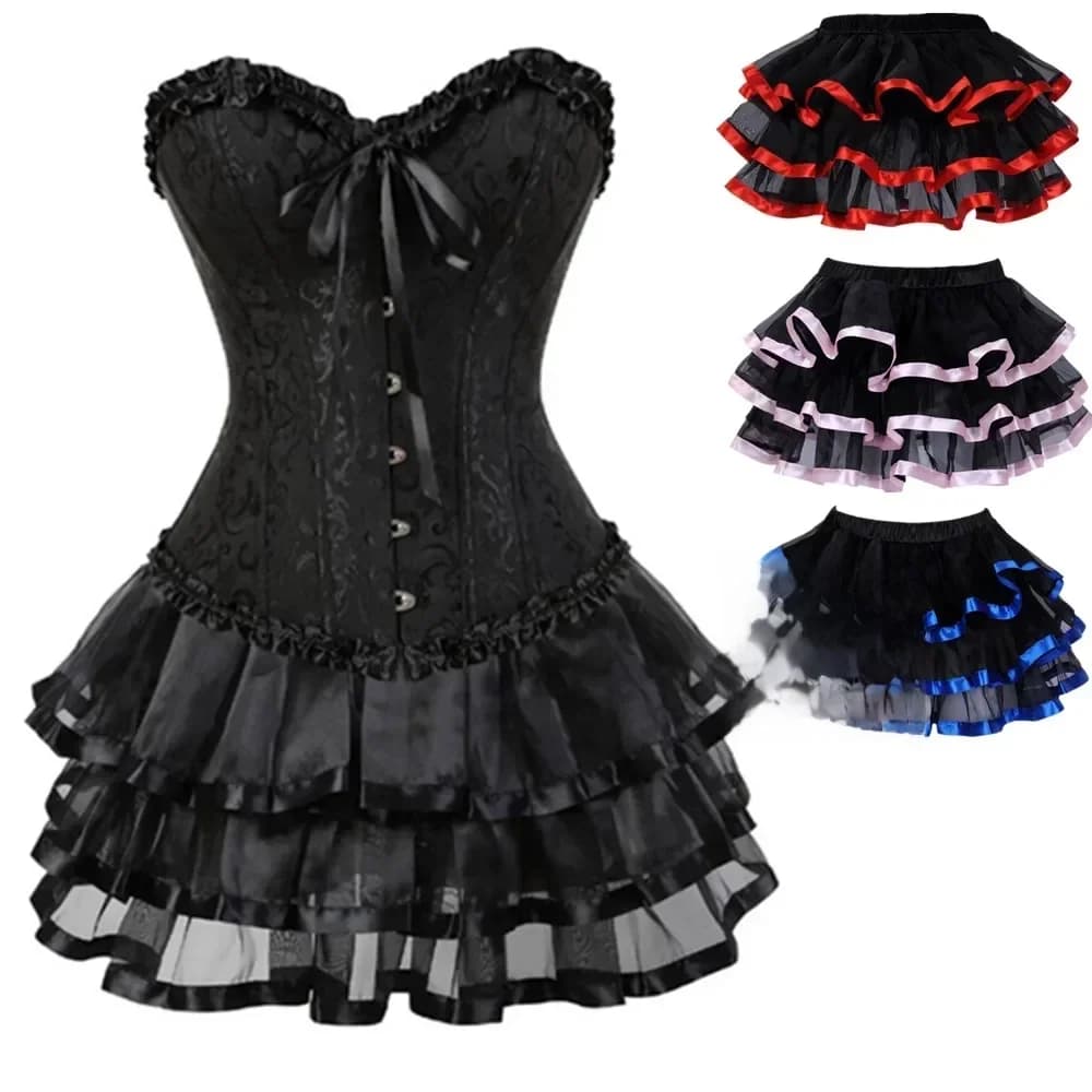 Femmes Sexy Jacquard à lacets surbuste Corset Bustiers robe gothique corps Shaper Mini jupe Tutu grande taille XS-7XL