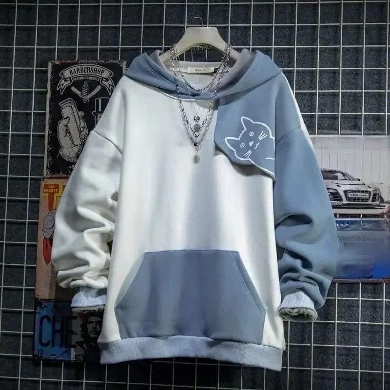 Sweat à capuche de Style japonais pour hommes, imprimé chat mignon, Patchwork, pour adolescents, mode Anime Harajuku, printemps automne