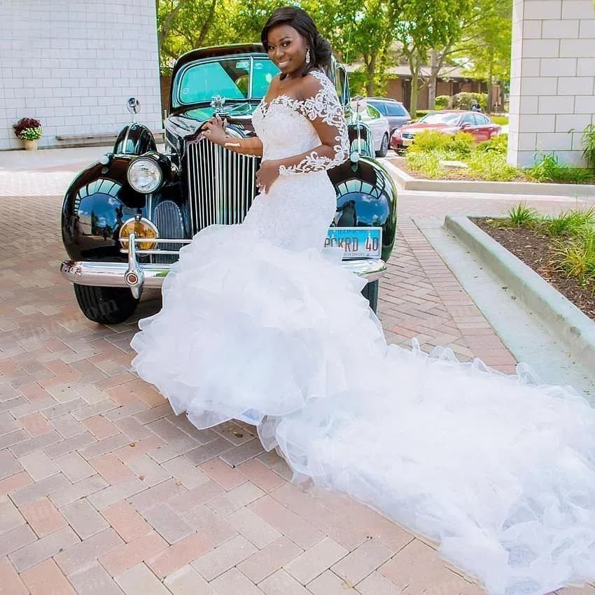 Robe De mariée sirène en Organza à volants, longue traîne, Illusion De Tulle et dentelle, manches longues, 2025