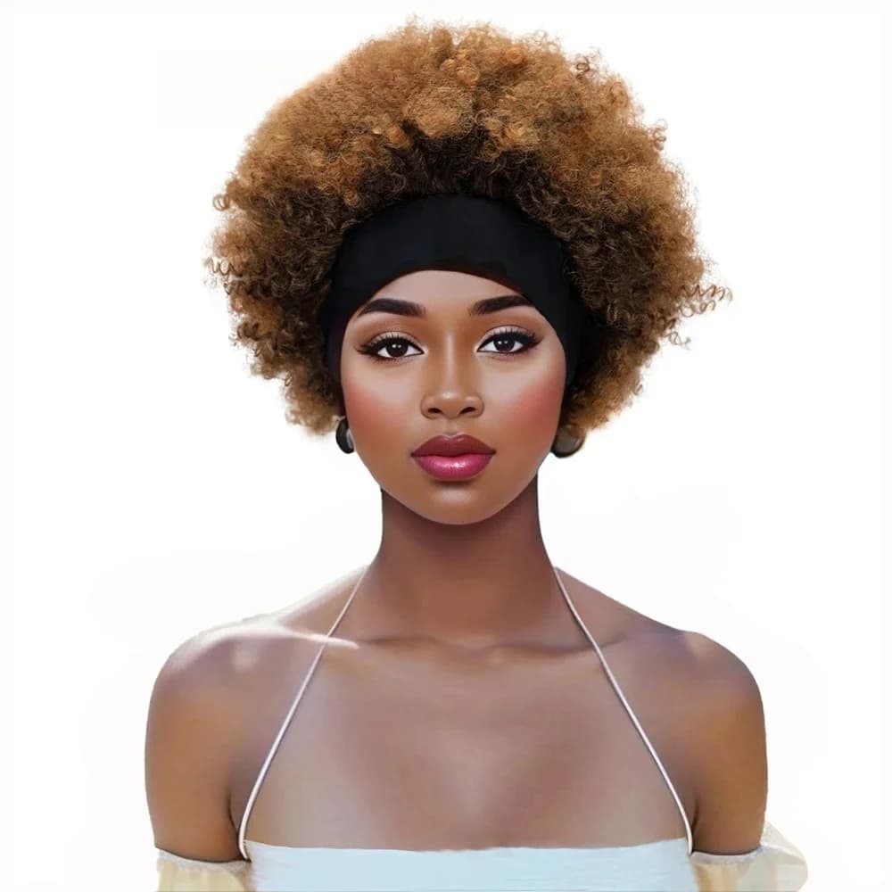 Perruque Synthétique Afro Crépue et Bouclée pour Femme, Cheveux Bruns Courts Naturels, Turban Noir