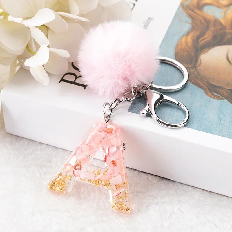 Porte-clés avec pompon rose, 1 pièce, Alphabet anglais, avec boule bouffante, paillettes dégradées, résine, miroir de voiture, breloques pour sac à main