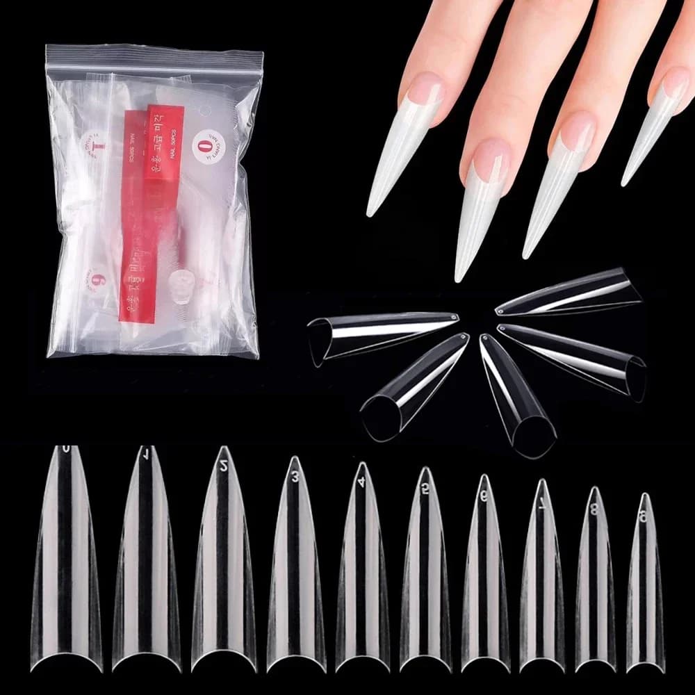 600 pièces faux ongles conseils Stiletto français acrylique clair ongles conseils demi couverture pointu faux ongles longue griffe faux ongles artificiels