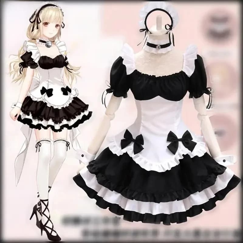Costumes de demoiselle d'honneur noirs Anime, jupe de demoiselle d'honneur française avec nœud papillon, Costume de Cosplay Amine pour filles et femmes, Costumes de fête de serveuse