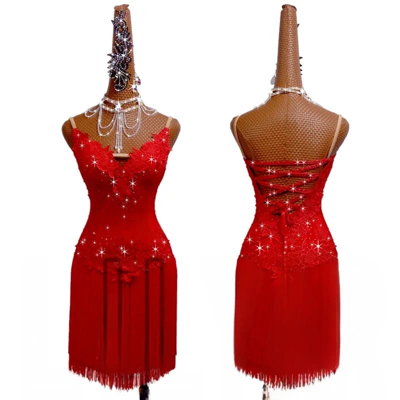 Robe de Concours de brevLatine pour Adulte, Tenue d'Entraînement, Brodée à Pompons Rouges, Personnalisée, Nouvelle Collection