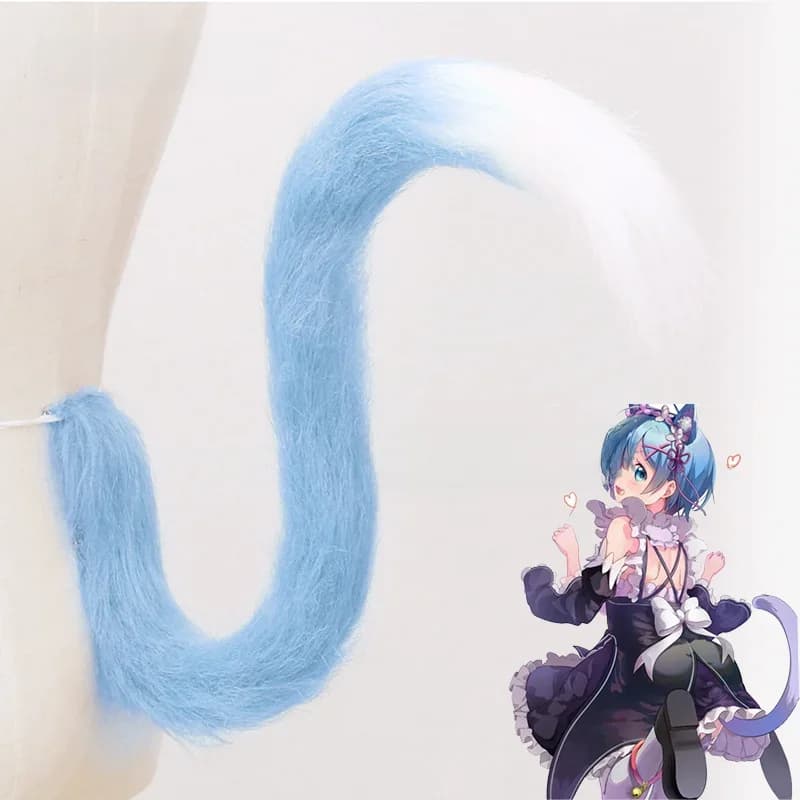 Queue d'Oreille en Peluche Ram Rem, Bleu, Blanc, Rose, Chat Lolita Dégradé, Animal Re:Life in a Different World From ontariCosplay Prop