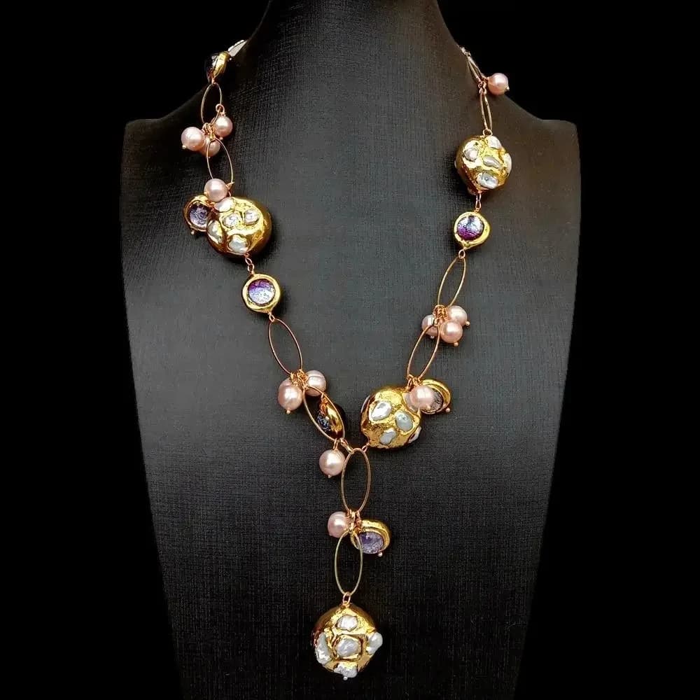 Y · YING perle Keshi blanche de culture d'eau douce perle rose violet chaîne en verre de Murano perle collier Y-Drop