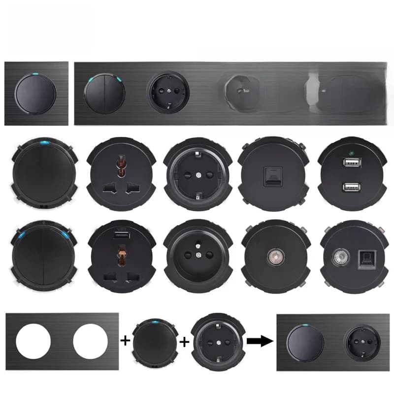 COSWALL-Joli Mural R12 avec Panneau en Aluminium Noir, Prise UE Française, Chargeur USB Femelle TV RJ45 CAT6