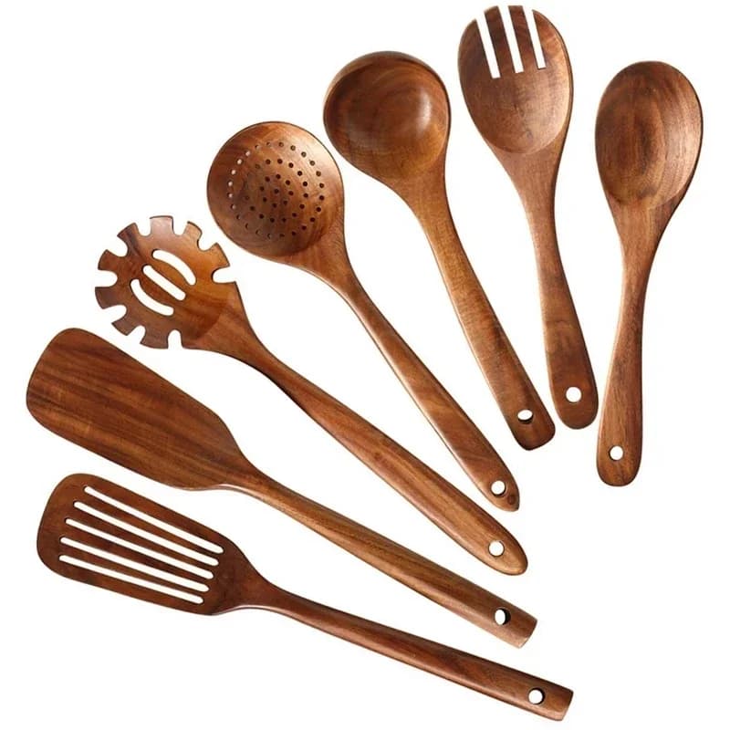 Vaisselle en bois naturel de teck thaïlandais, cuillère, louche, tourneur, longue passoire à riz, écumoire à soupe, cuillères de cuisine, ensemble d'outils de cuisine