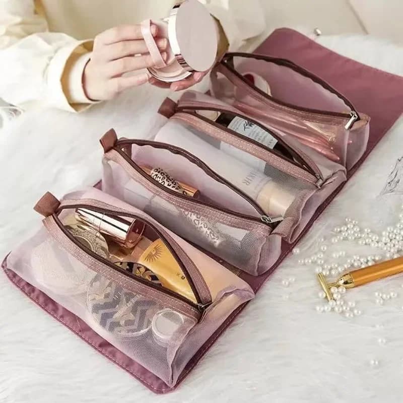 Sac à cosmétiques 4 en 1 pour femmes, pochette à cosmétiques séparable en maille à fermeture éclair, sac pliable en Nylon pour dames, sac de maquillage en corde Kosmetyczka