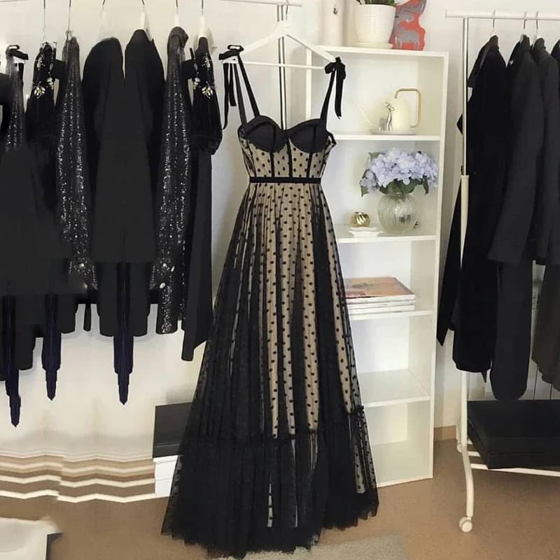 LORIE – robe de bal noire à pois, bretelles spaghetti, pour événements formels, robes de soirée, robes de fête de remise des diplômes, personnalisées