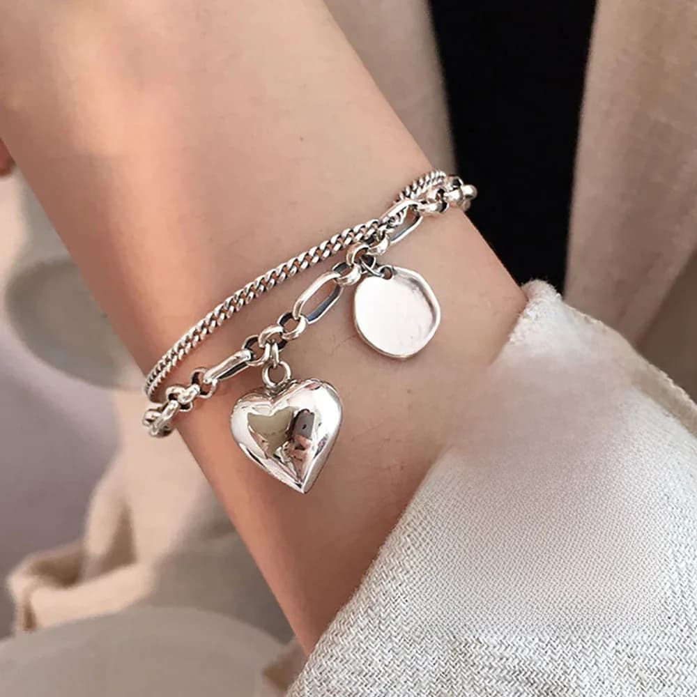 Bracelet Double couche en argent Sterling 925 pour femme, élégant, lettre d'amour, cœur, Design Unique, argent thaïlandais rétro léger, bijoux de luxe