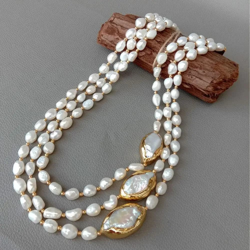 YYGEM Collier ras du cou de 20 po à 3 brins de perles de culture baroques d'eau douce, perles Keshi, connecteur doré, pour femmes