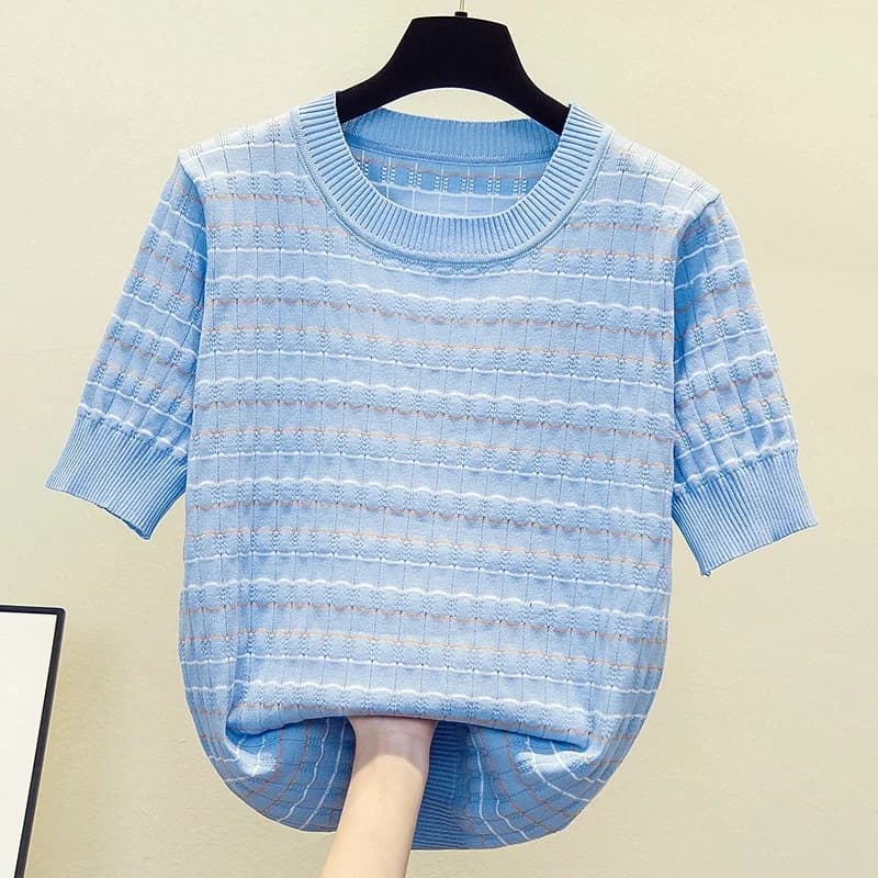 Grande taille femmes rayure kint été pull ample décontracté à manches courtes col rond kint femme pull surdimensionné pull haut 2025