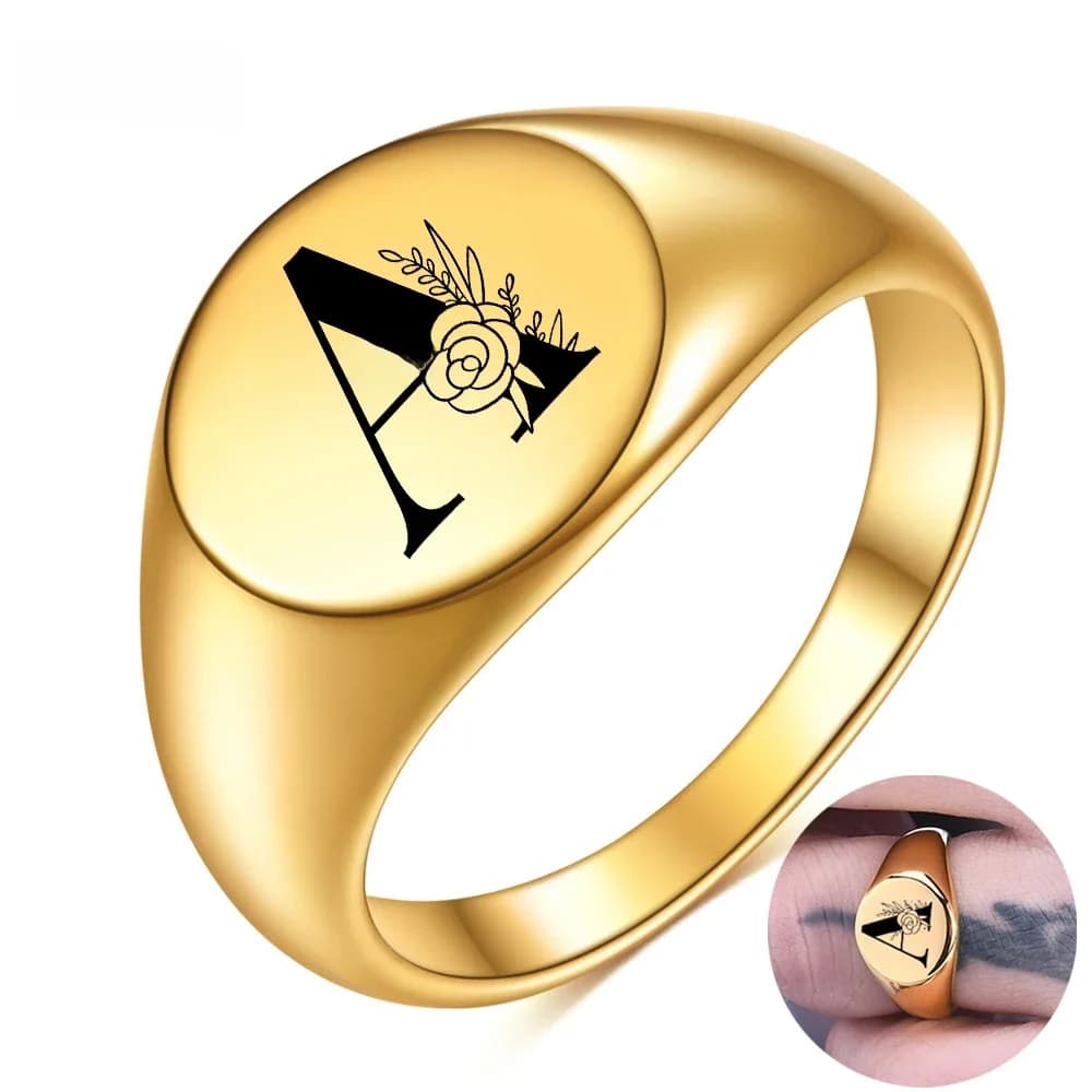 Femmes hommes fleur A-Z lettre couleur or bague initiales nom Alphabet femme fête grosses anneaux en acier inoxydable bijoux