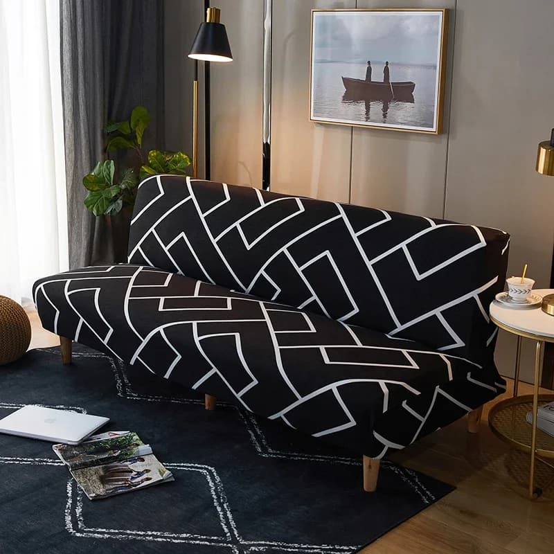 Housse de canapé-lit pliable géométrique noire, housses de canapé extensibles en spandex, housses de protection double place pour salon, imprimé géométrique