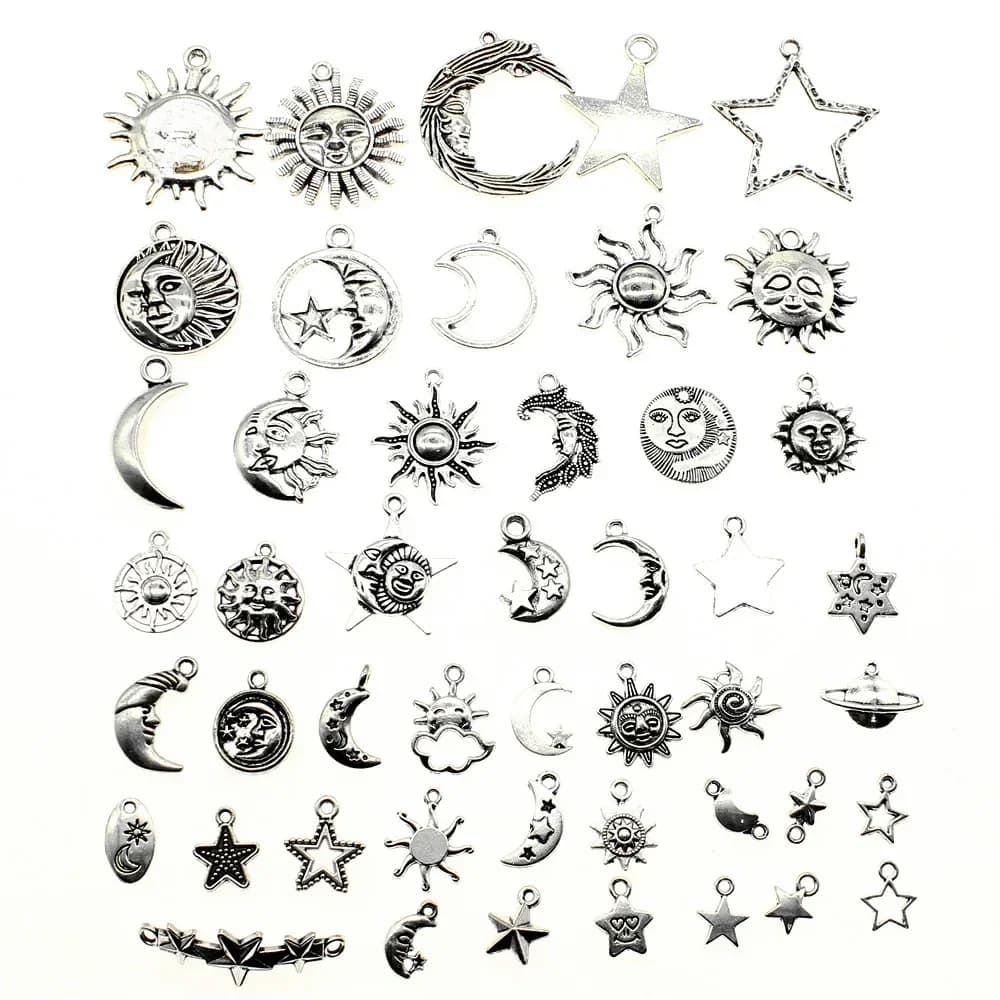 WYSIWYG-Breloques en Alliage de Zinc et Argent Antique, Mélange Aléatoire de Styles, Soleil, Lune, Étoile, Artisanat Fait à la Main pour Bijoux de Direction, 40g