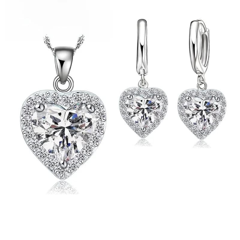 Fine 925 en argent Sterling ensemble de bijoux pour les femmes mariée mariage coeur autrichien cristal colliers boucles d'oreilles ensemble saint valentin