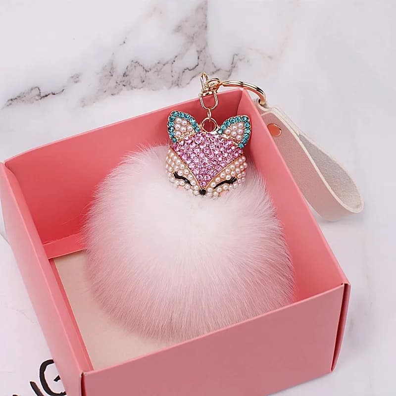 Porte-clés pompon mignon en fourrure de renard, Mini pendentif pour femmes, porte-clés de voiture, téléphone portable, accessoires fins, cadeau pour enfants filles