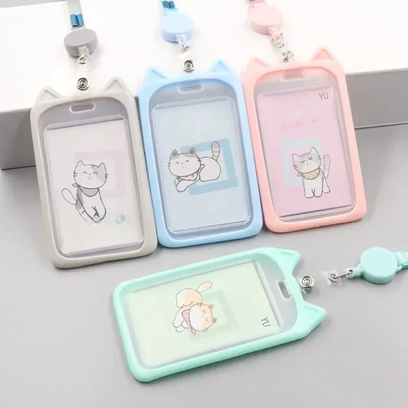 Porte-carte de chat de dessin animé mignon, 1 pièce, étui porte-carte d'identité de Bus d'identité bancaire avec lanière à bobine rétractable, housse de crédit, cadeau pour enfants