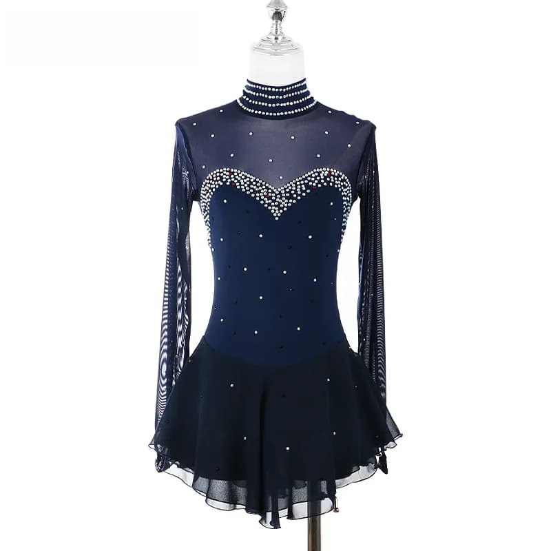Robe de patinage artistique bleu marine rouge pour femmes et filles, vêtements de patinage artistique sur glace à manches longues avec strass