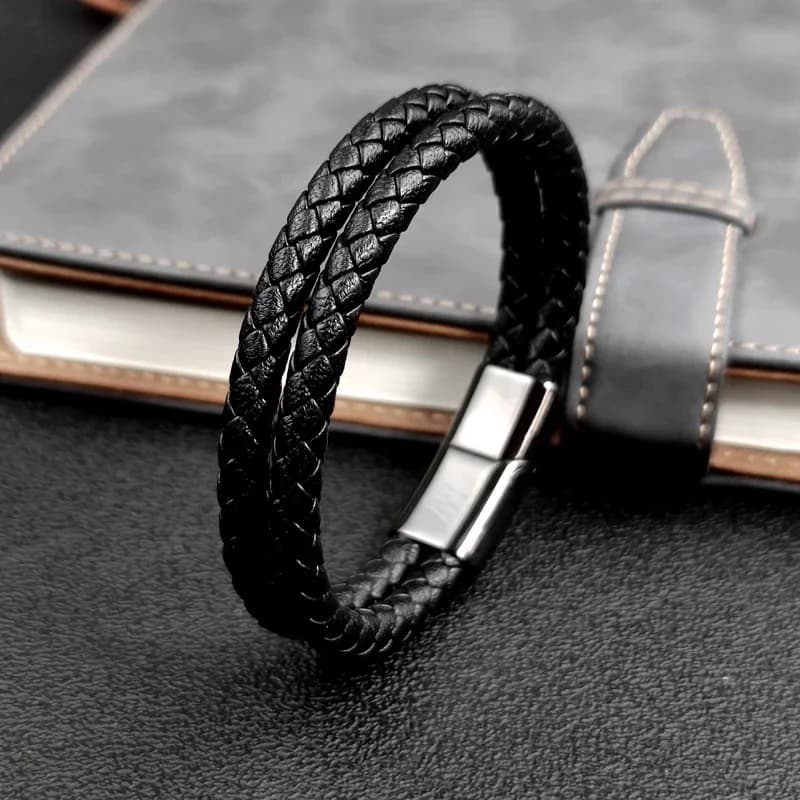 Mingao MF Double cuir tressé en acier inoxydable hommes et femmes Bracelets avec breloque noire/marron fermoir magnétique accessoires personnalisés