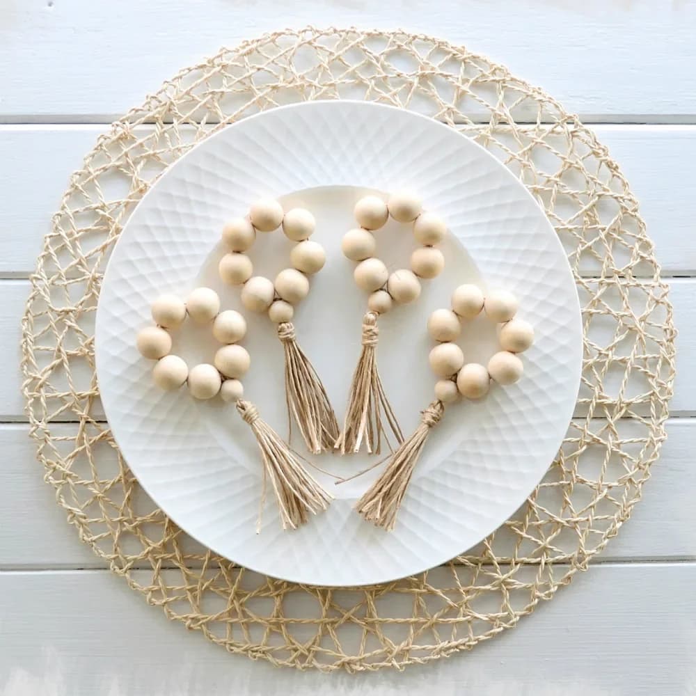 Anneaux de serviette en perles de bois naturel avec glands, boucles de serviette faites à la main pour décoration de maison de mariage, porte-serviettes de ferme rustique 6 pièces