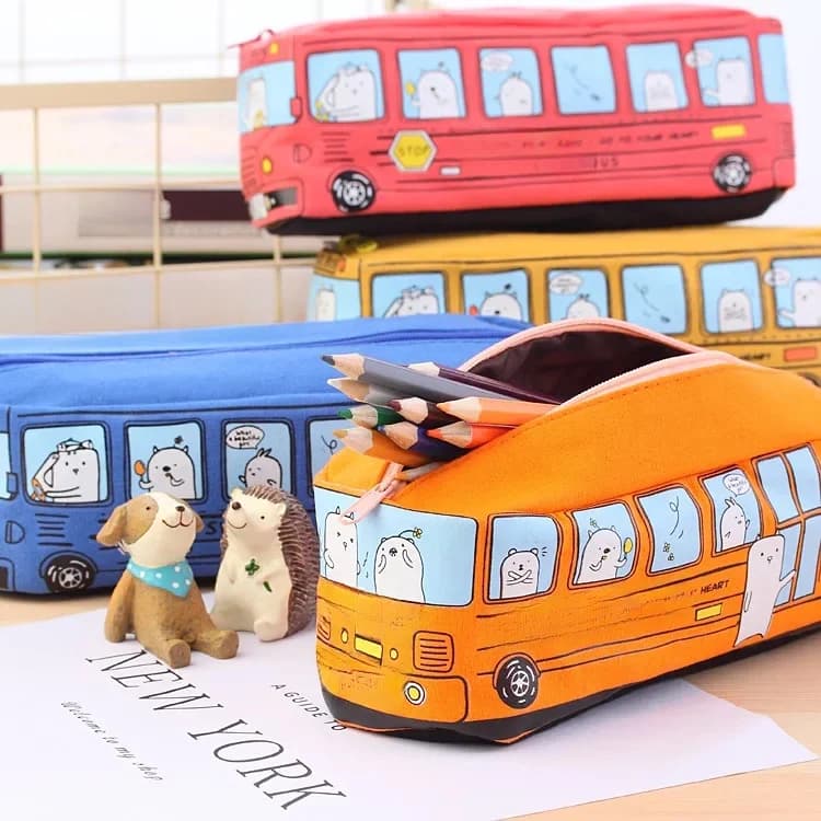 Trousse à crayons créative pour Bus scolaire, Animal de dessin animé, grande capacité, sac à crayons en toile mignon, papeterie scolaire, sac à stylos, support de rangement