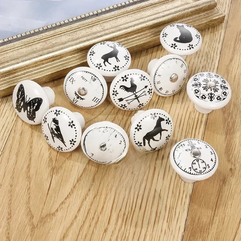 Boutons et poignées de porte en céramique à impression blanche, boutons de tiroir de meubles, poignées de porte de placard, poignées d'armoire à trou unique avec vis