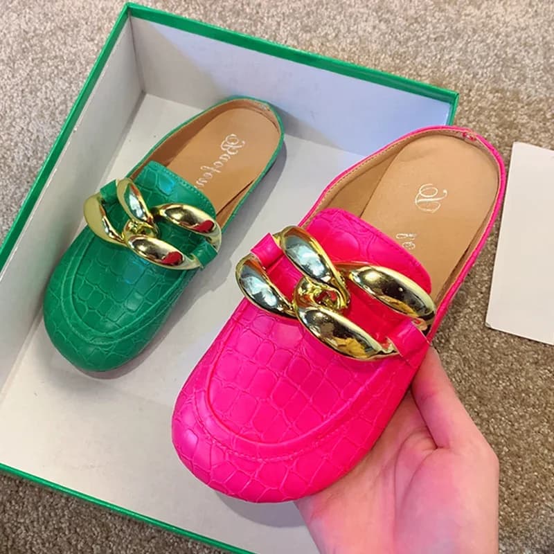 Sandales dorées pour femmes, design de marque, pantoufles fermées, mules à enfiler, chaussures rondes, tongs décontractées, grande taille