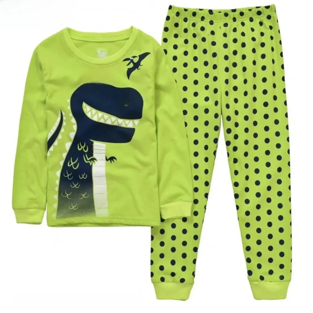 Ensemble 2 pièces de pyjama 100% coton avec dessin de dino pour enfant,avec t-shirt et pantalon long, pour garçon de 2, 3, 4, 5, 6, 7 ans,