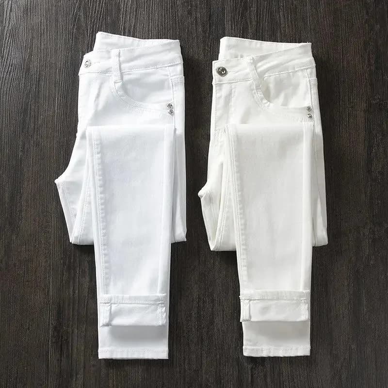 Jean blanc femme taille haute 2026 Printemps Été Automne Coupe ajustée élastique en denim style Mom Jeans 364