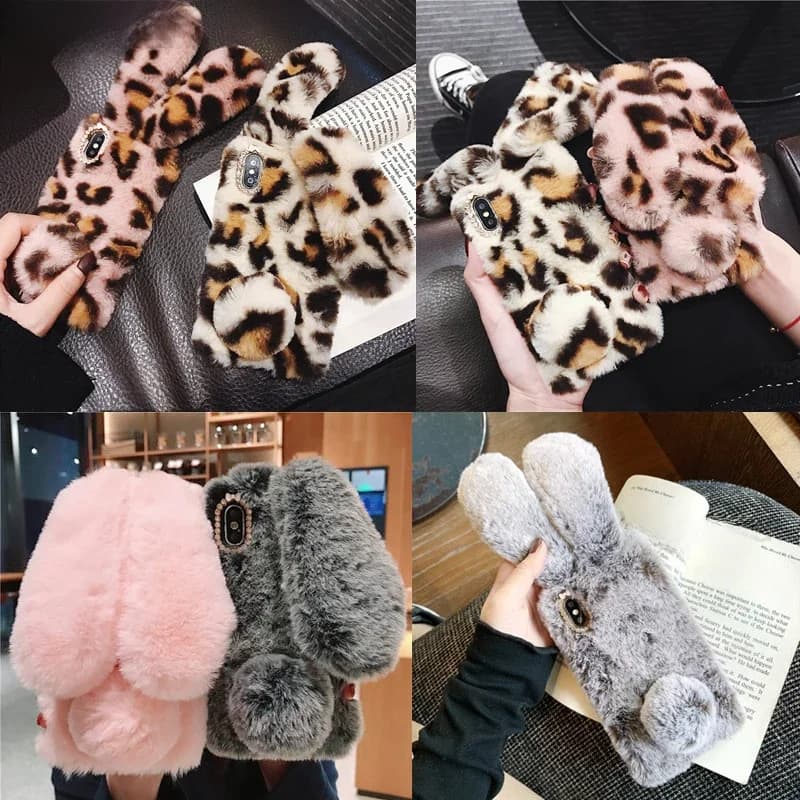 Mignon 3D oreilles de lapin fourrure étui en peluche pour iPhone 14 13 12 mini 11 Pro Max X XS Max XR 8 7 6 6S Plus 5 diamant étui chaud