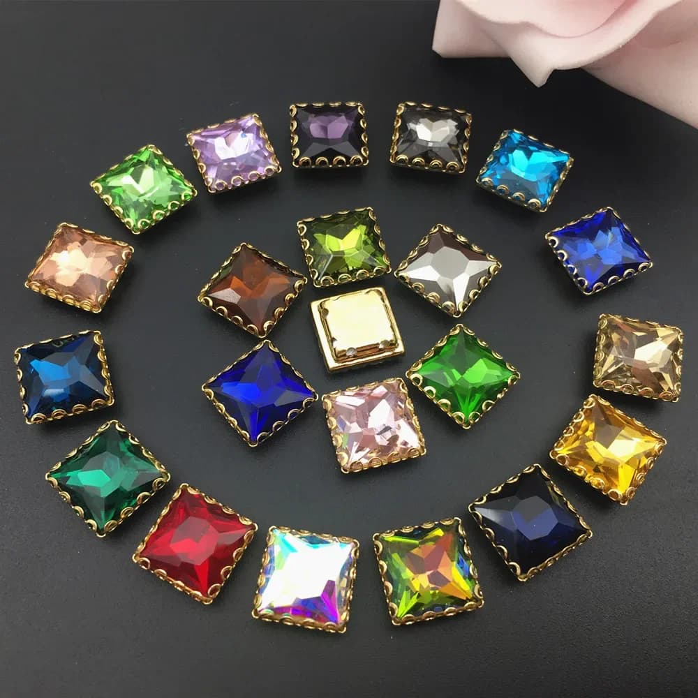 Toutes les couleurs 8mm 10mm 12mm 14mm carré verre cristal dentelle griffe strass Base dorée coudre sur pierre pour bricolage/accessoires de vêtements