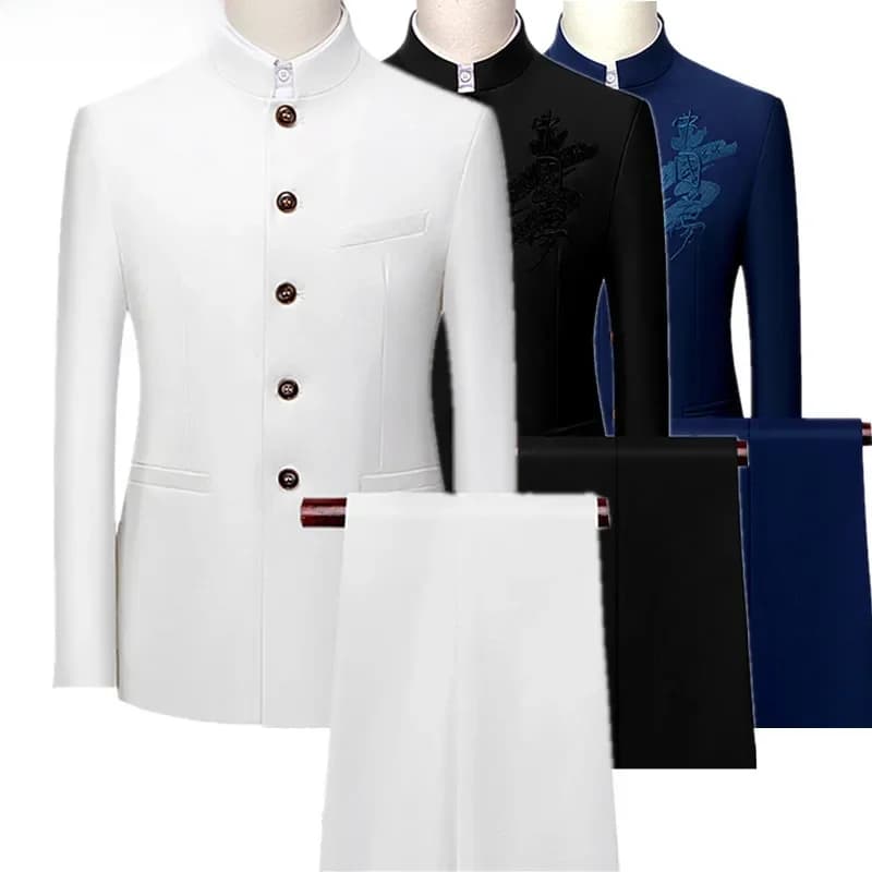 Costume pour homme blanc à simple boutonnage, col montant, 2 pièces, style chinois, veste blazer rouge ajustée et pantalon, noir, bleu, jaune.