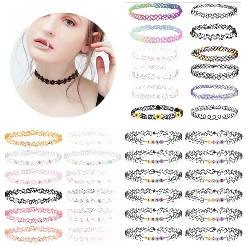 ZS 12 pièces/ensemble couleur mixte tatouage collier ras du cou pour femmes filles Vintage extensible chaîne élastique collier gothique Punk colliers