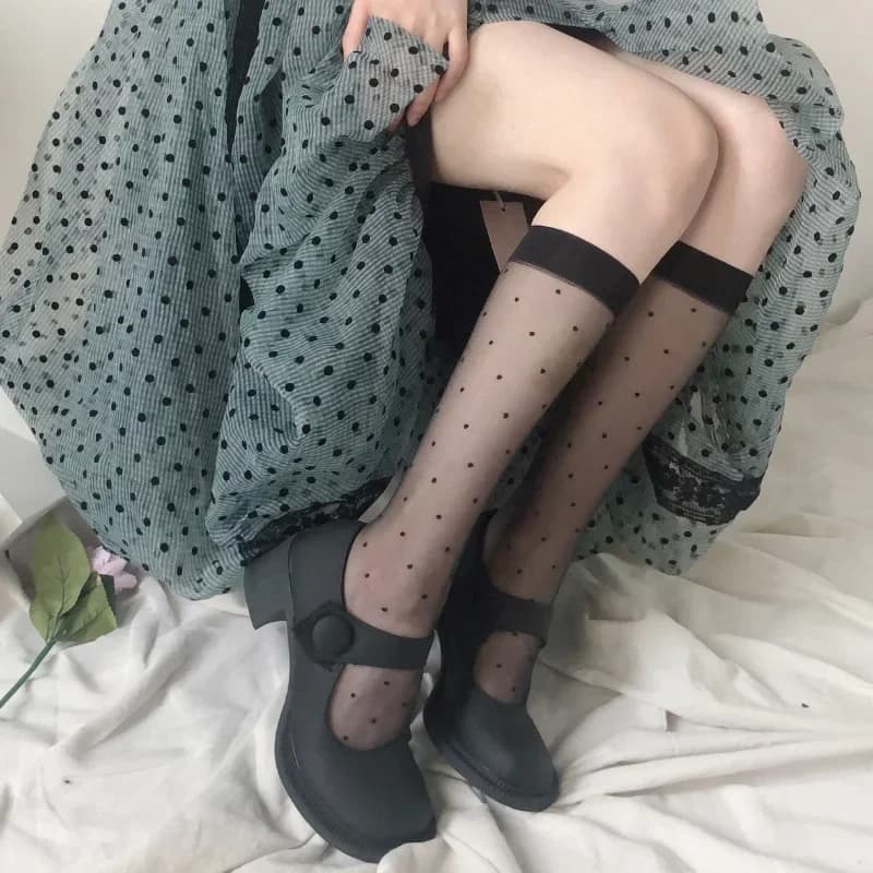 Femmes Sexy à pois imprimé bas genou chaussettes hautes en Nylon doux élastique résille filles Lolita mignon mode longues jambe chaussettes noir