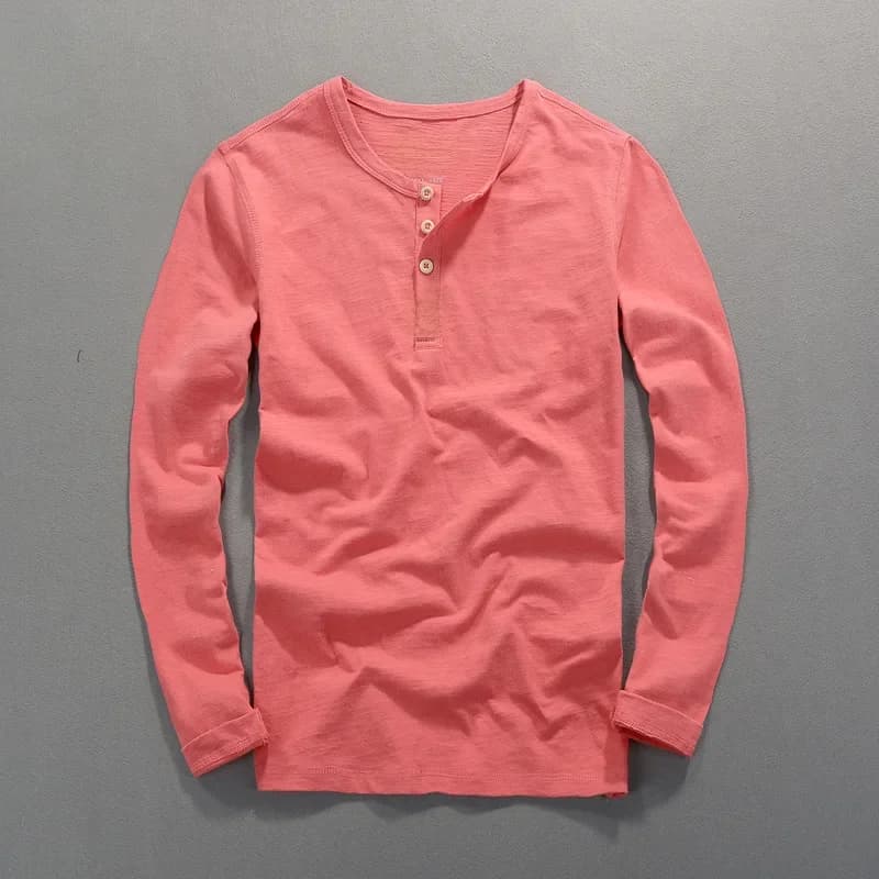 T-shirt en coton à manches longues pour hommes, Économie en Y minces, Économie confortables, Col boutonné, Solide, Vintage, Mode printanière
