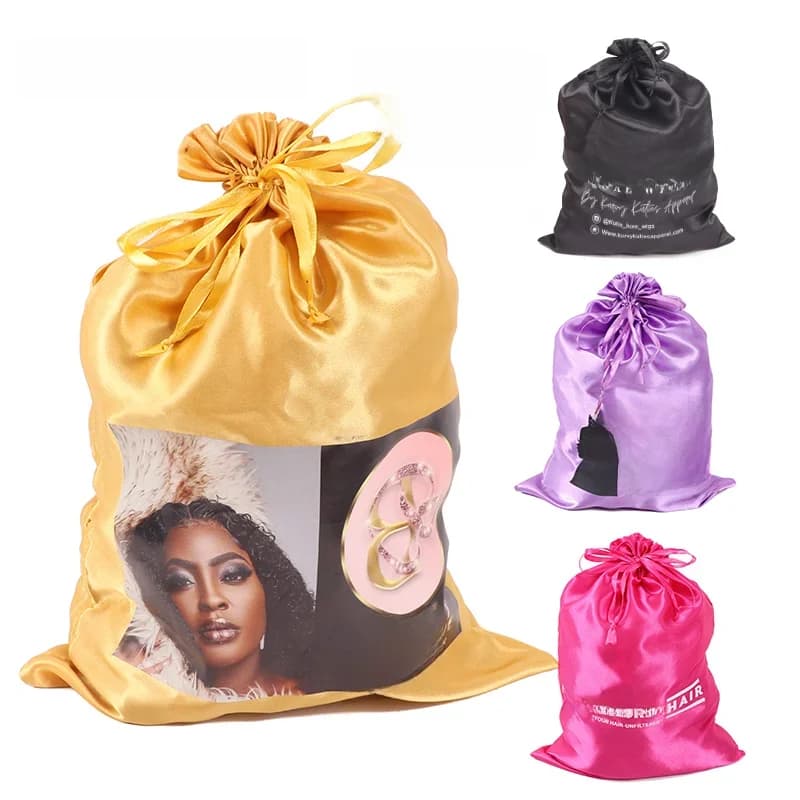 Sac de rangement pour extensions de cheveux, Logo personnalisé, sac en Satin de soie noir rose avec cordon de serrage, sacs d'emballage de paquets de cheveux 25x35CM