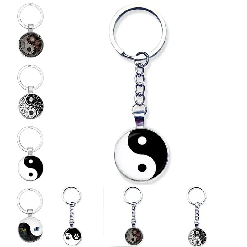 SONGDA noir blanc Yin Yang porte-clés meilleur ami chien patte et bébé main impression verre Cabochon sac à main sac pendentif Tai Chi porte-clés