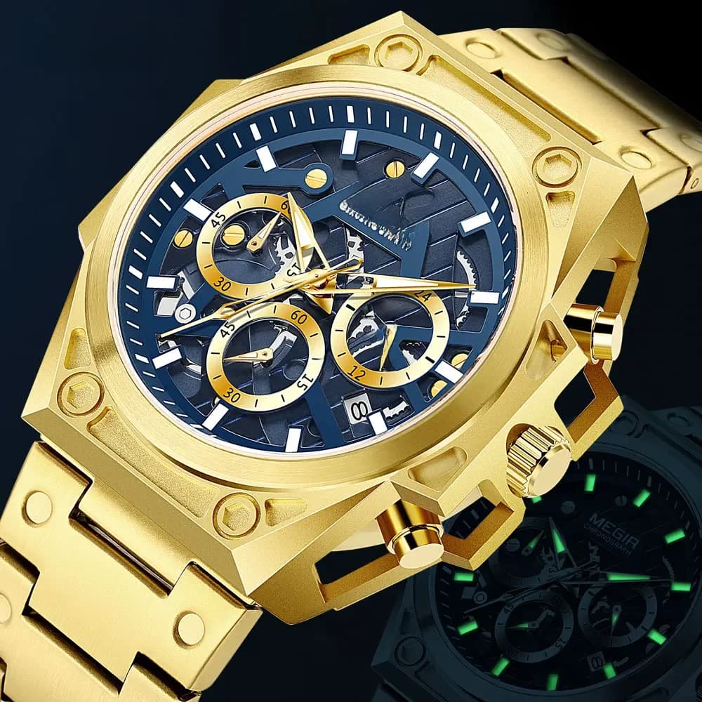 Montre MEGIR dorée pour homme, montre-bracelet chronographe en acier inoxydable, montre de luxe à quartz luminescente pour homme, Relogio Masculino, Часы, Reloj