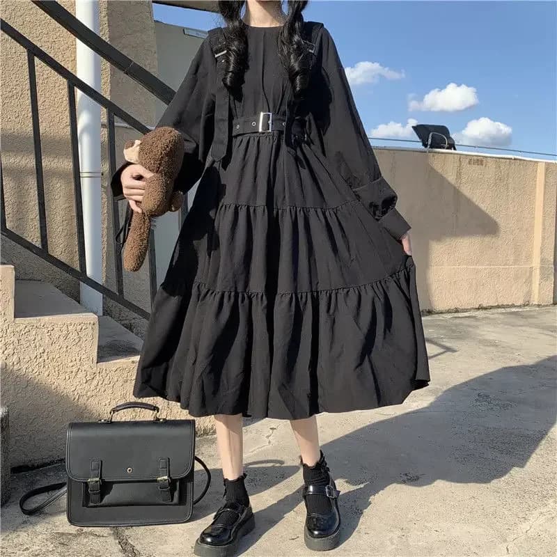 YBYR-Robe mi-longue noire japonaise Harajuku pour femme, style gothique, bretelles, robe bandage, volants vintage, long costume baggy cosplay