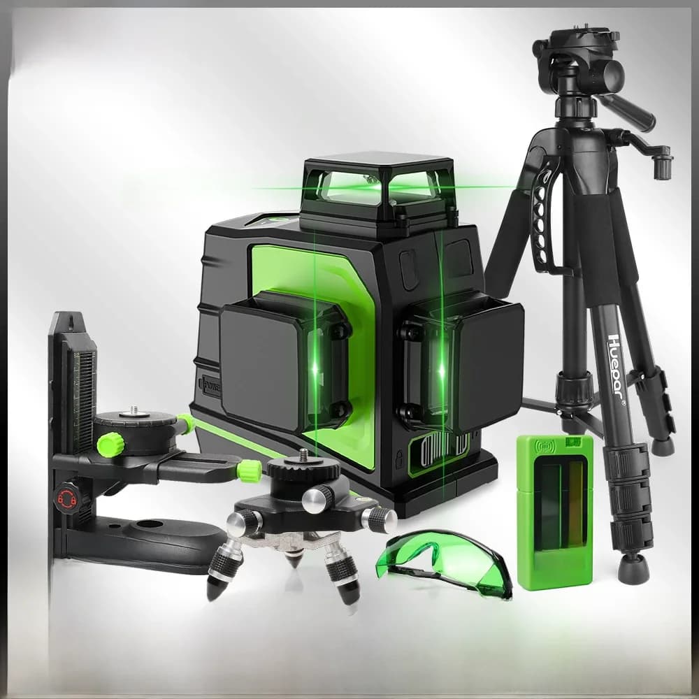 Huepar-Kit de Niveau Laser 3D à 12 Lignes Croisées, Faisceau Vert Autonome Osram, Vertical et Horizontal à 360 ° avec Trépied Récepteur Laser
