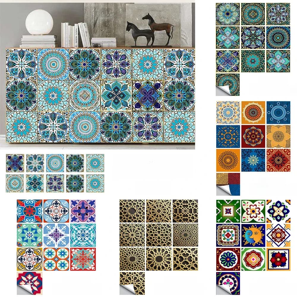 Autocollant mural de style Mandala bleu rêve, surface mate, film de décoration antidérapant pour carrelage/sol dans la cuisine, salle de bain, art mural